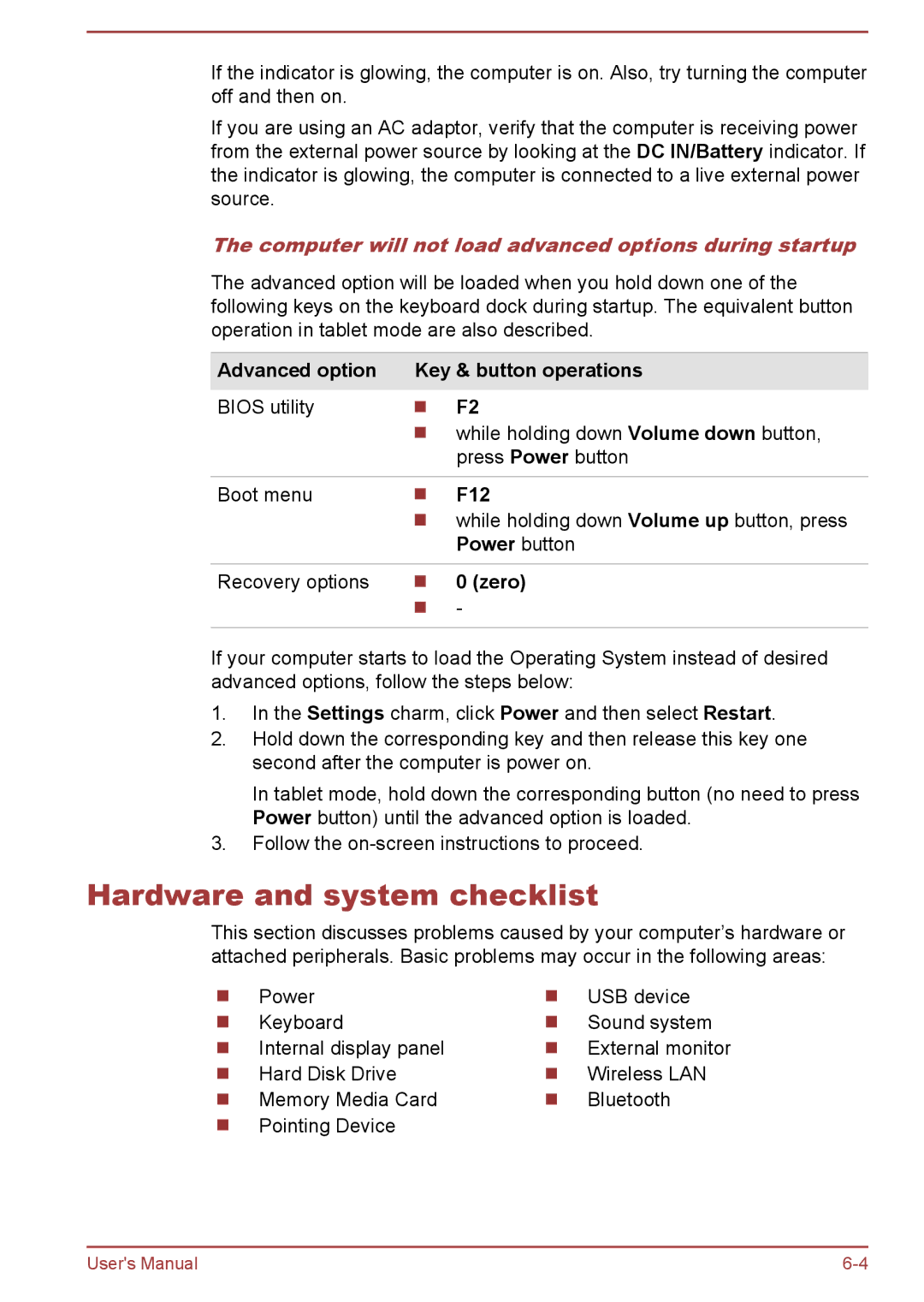 Toshiba W30DT-A-100 Hardware and system checklist, Computer will not load advanced options during startup, F12, Zero 