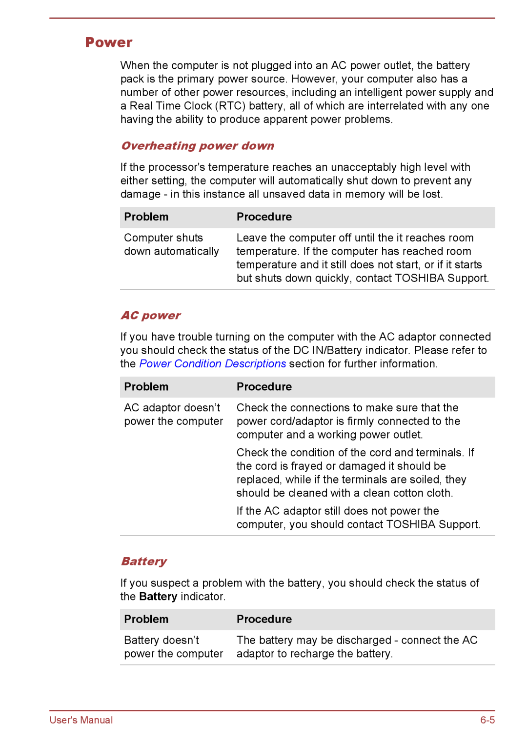 Toshiba W30DT-A-100 user manual Power, Overheating power down, Problem Procedure, AC power, Battery 