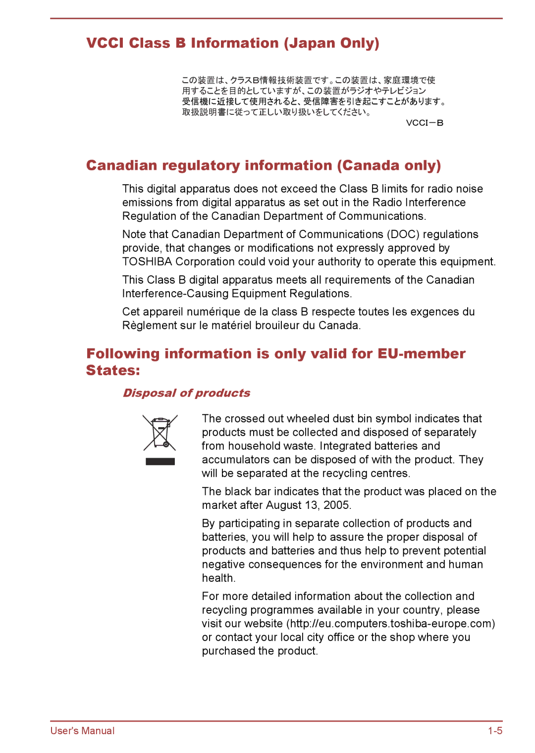 Toshiba W30DT-A-100 Vcci Class B Information Japan Only, Canadian regulatory information Canada only, Disposal of products 