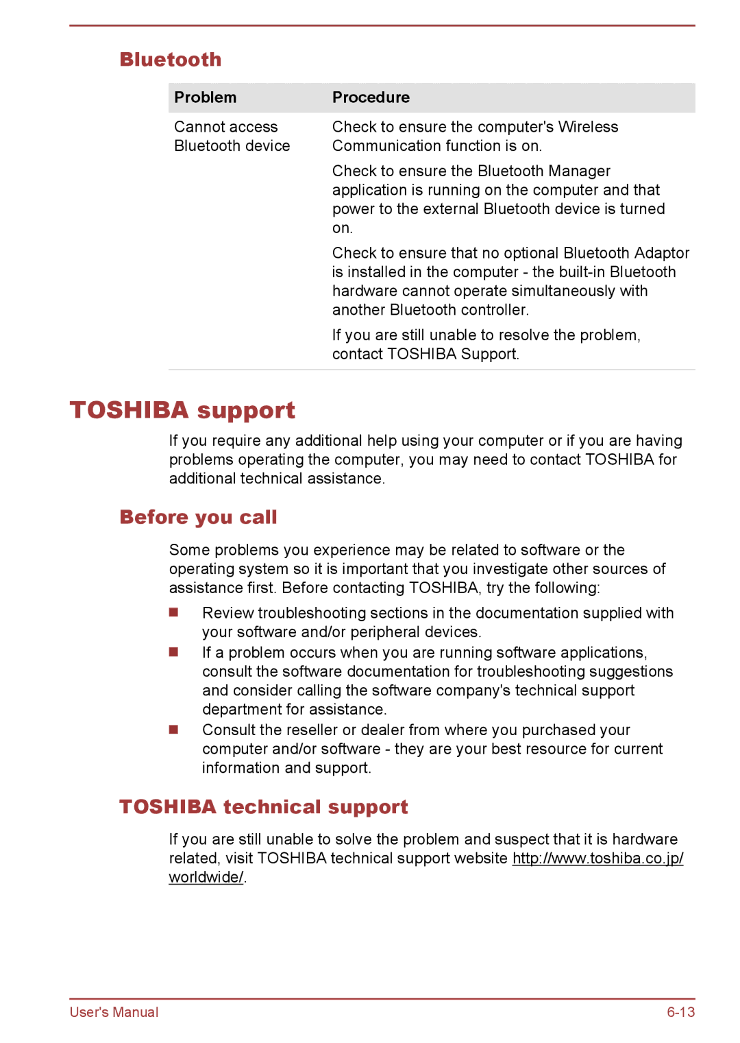 Toshiba W30DT-A-100 user manual Toshiba support, Bluetooth, Before you call, Toshiba technical support 