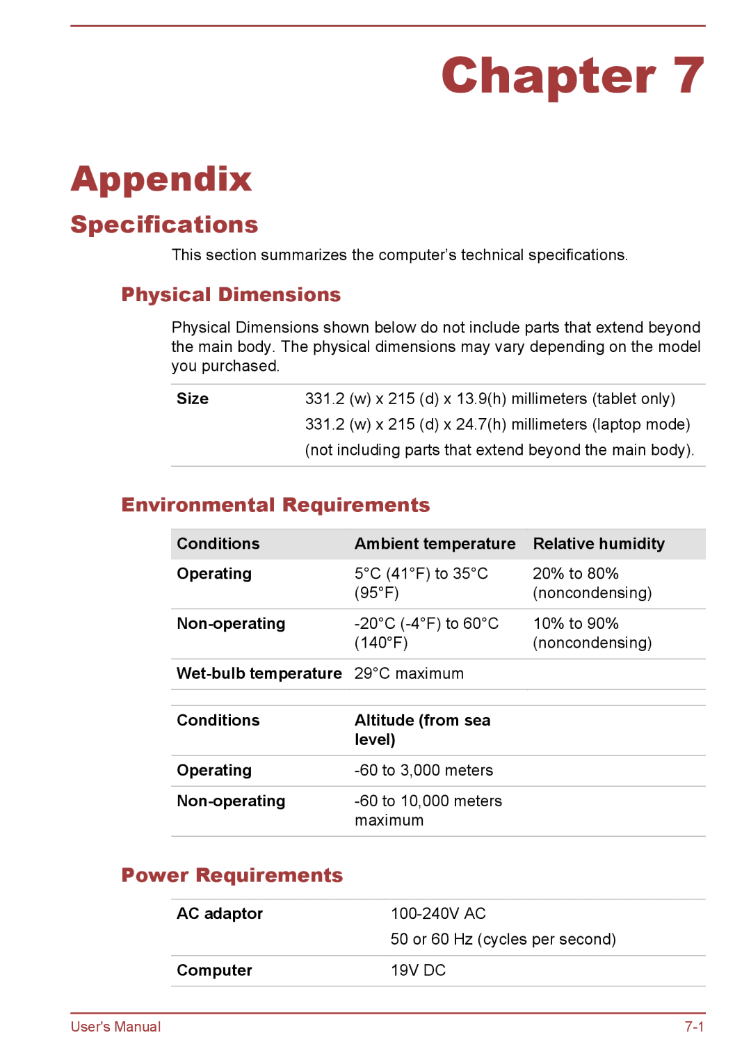 Toshiba W30DT-A-100 user manual Specifications, Physical Dimensions, Environmental Requirements, Power Requirements 