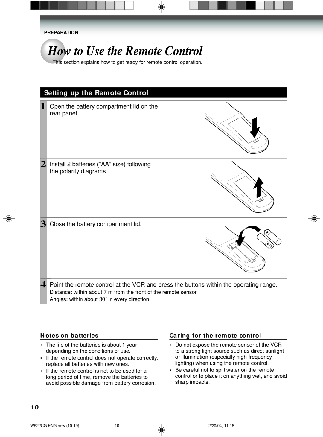 Toshiba W522CG owner manual How to Use the Remote Control, Setting up the Remote Control, Caring for the remote control 