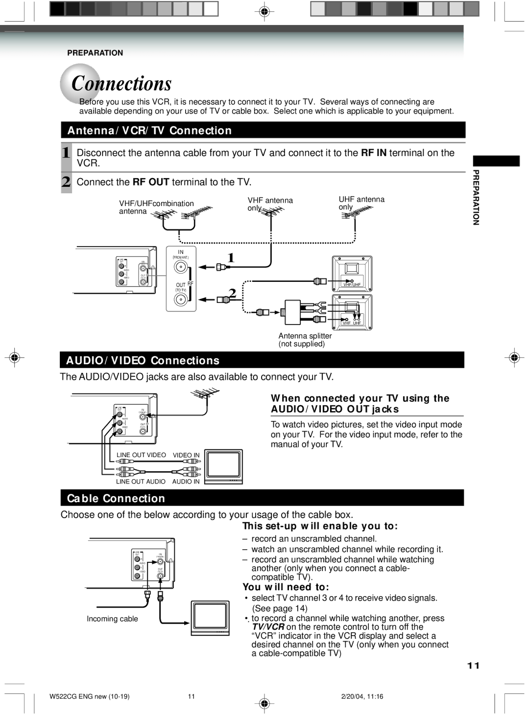 Toshiba W522CG owner manual Antenna/VCR/TV Connection, AUDIO/VIDEO Connections, Cable Connection 