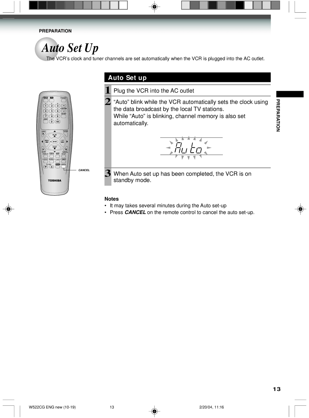 Toshiba W522CG owner manual Auto Set Up, Auto Set up 