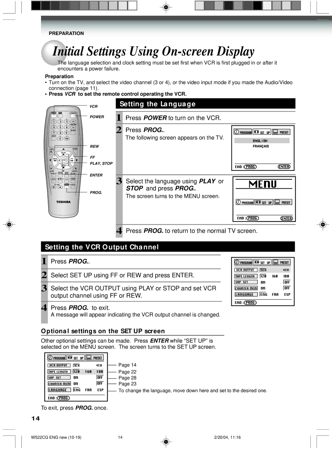 Toshiba W522CG owner manual Initial Settings Using On-screen Display, Setting the Language, Setting the VCR Output Channel 