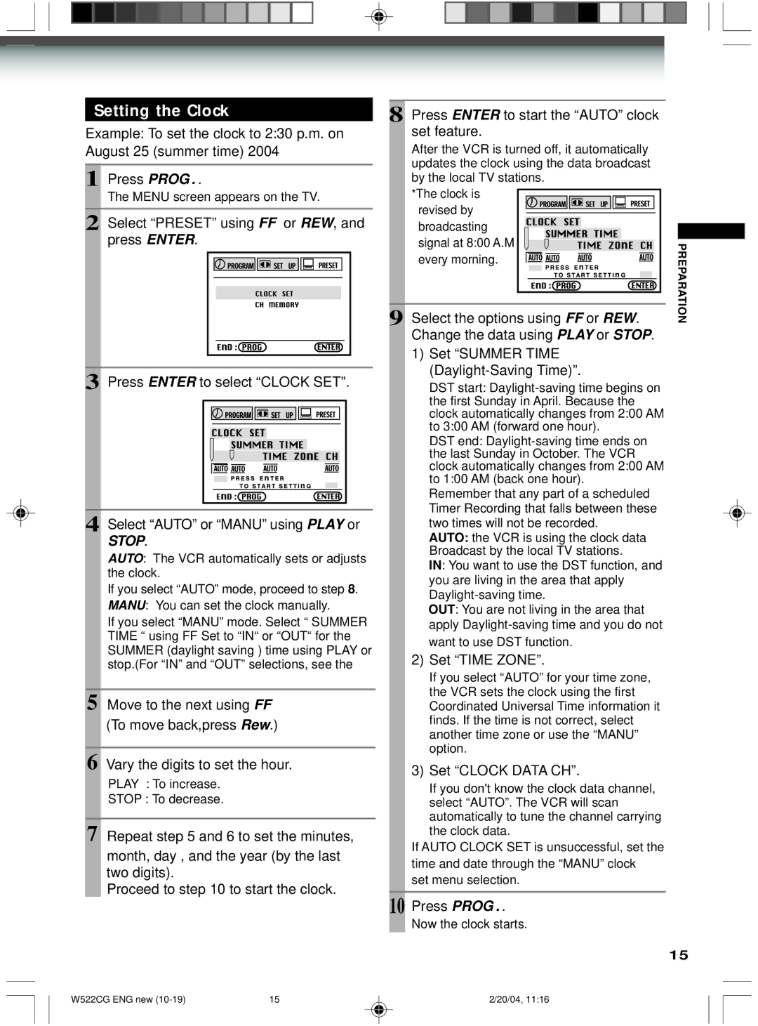 Toshiba W522CG Setting the Clock, Select the options Using FF or REW, Change the data using Play or Stop, Set Time Zone 