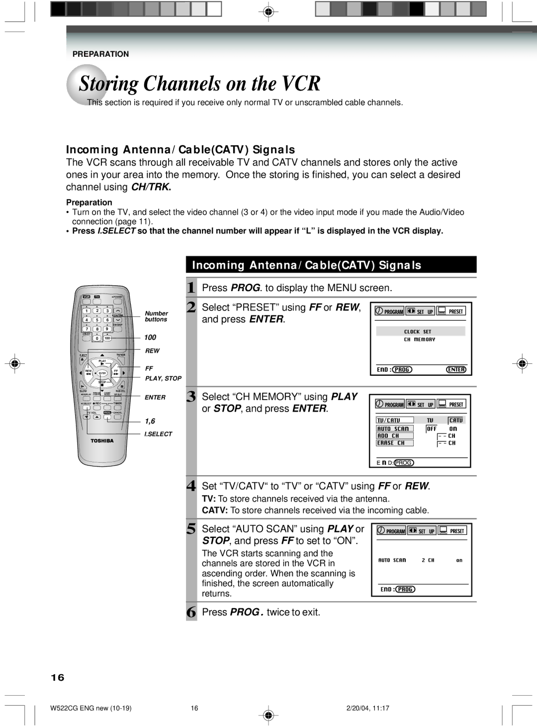 Toshiba W522CG Storing Channels on the VCR, Incoming Antenna/CableCATV Signals, Press PROG. to display the Menu screen 