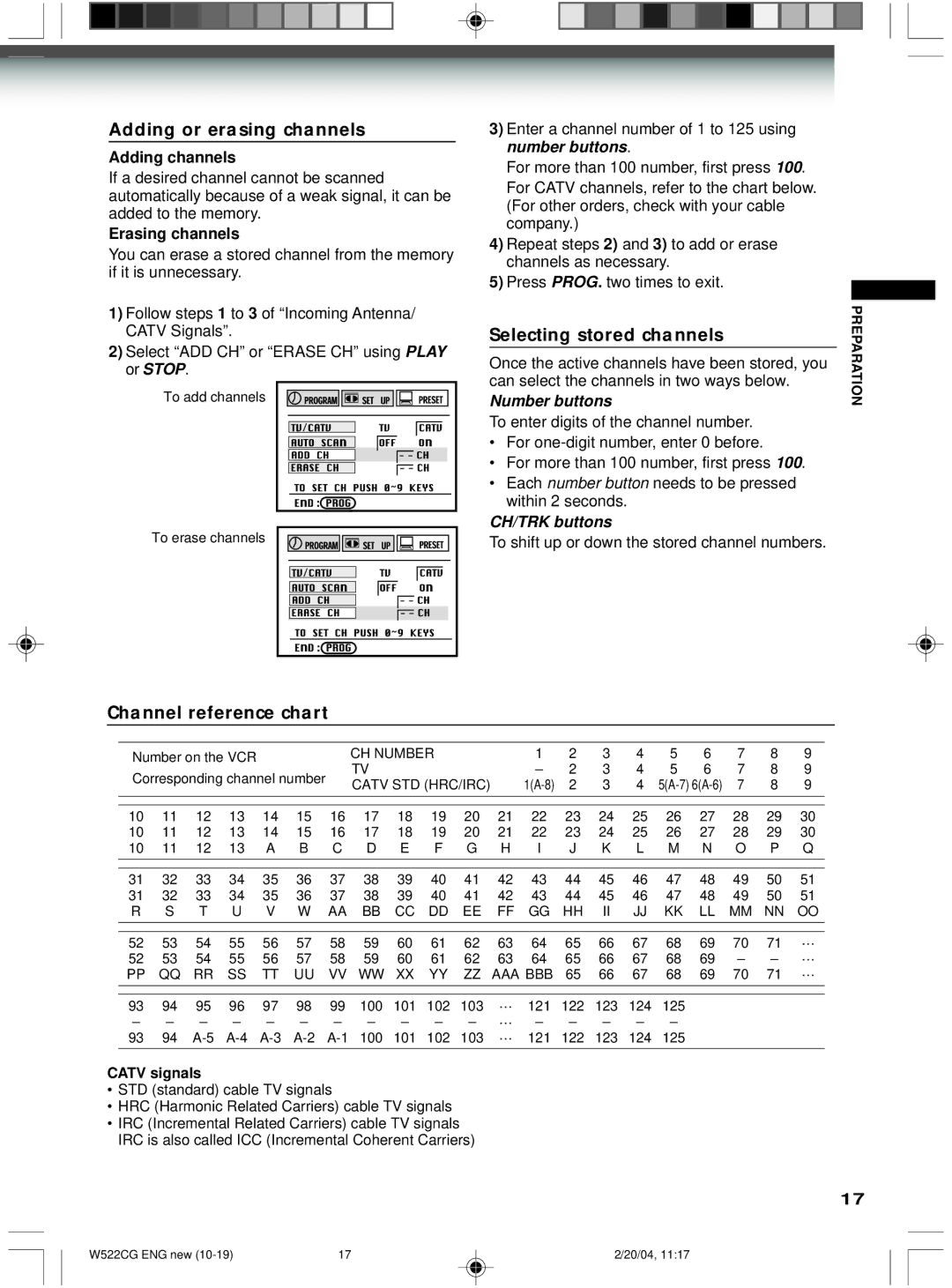 Toshiba W522CG owner manual Adding or erasing channels, Selecting stored channels, Channel reference chart, Adding channels 