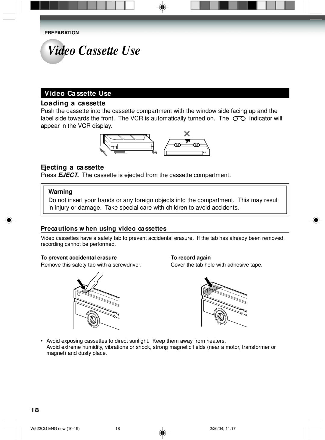 Toshiba W522CG Video Cassette Use, Precautions when using video cassettes, To prevent accidental erasure, To record again 