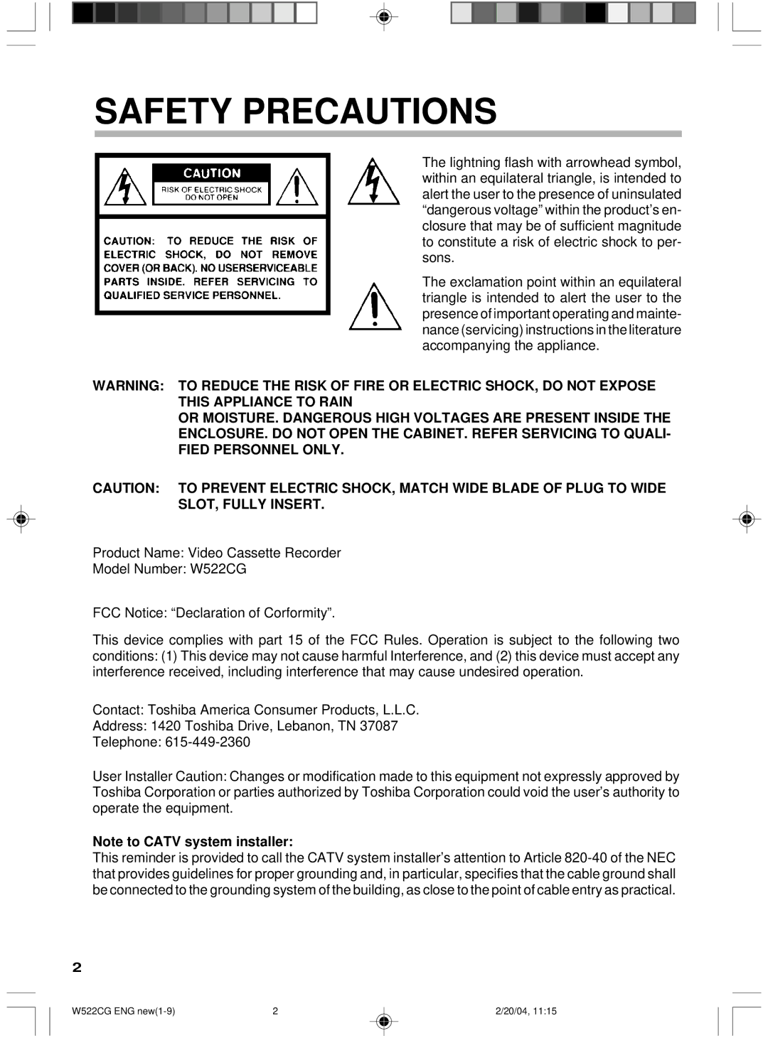 Toshiba W522CG owner manual Safety Precautions 