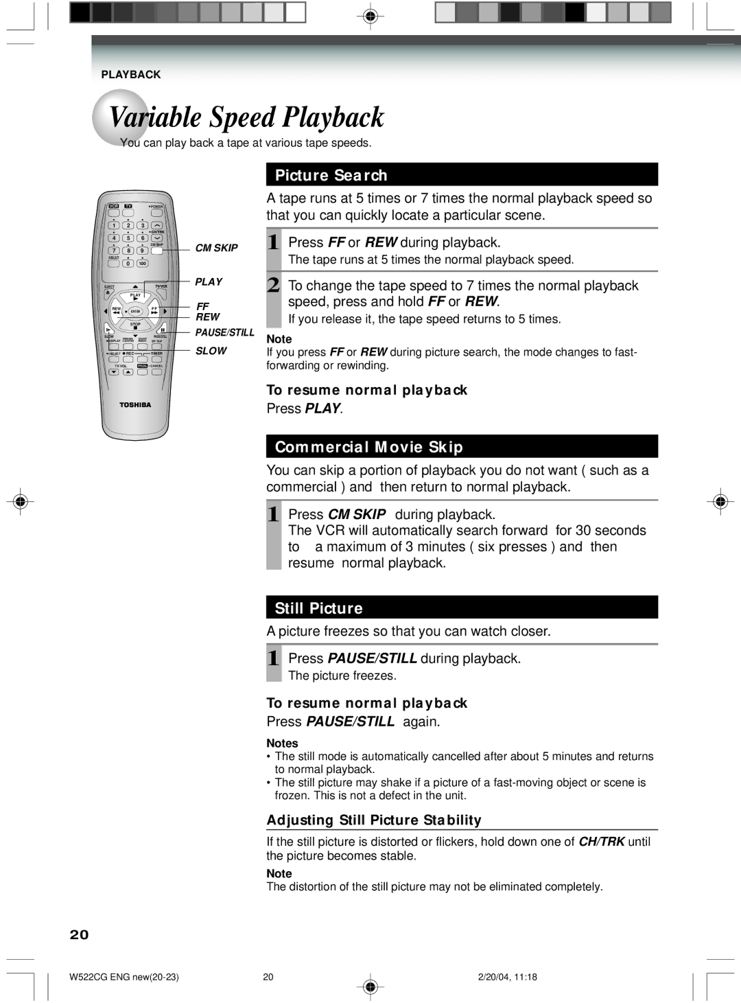 Toshiba W522CG owner manual Variable Speed Playback, Picture Search, Commercial Movie Skip, Still Picture 