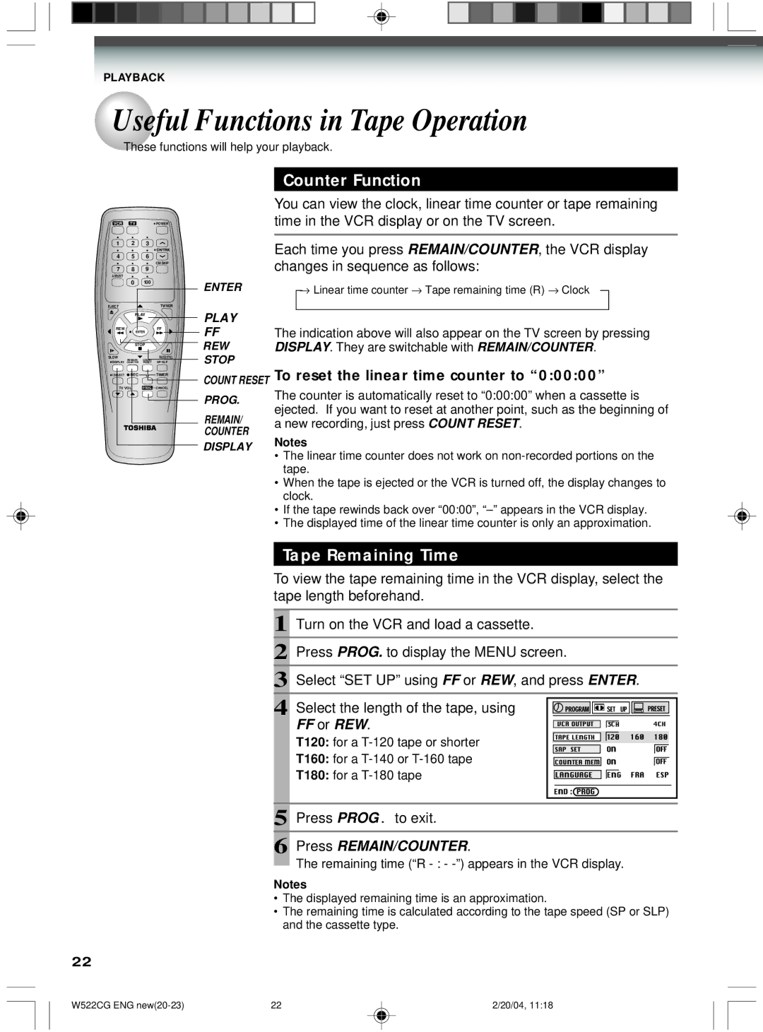 Toshiba W522CG owner manual Useful Functions in Tape Operation, Counter Function, Tape Remaining Time, Press Prog . to exit 