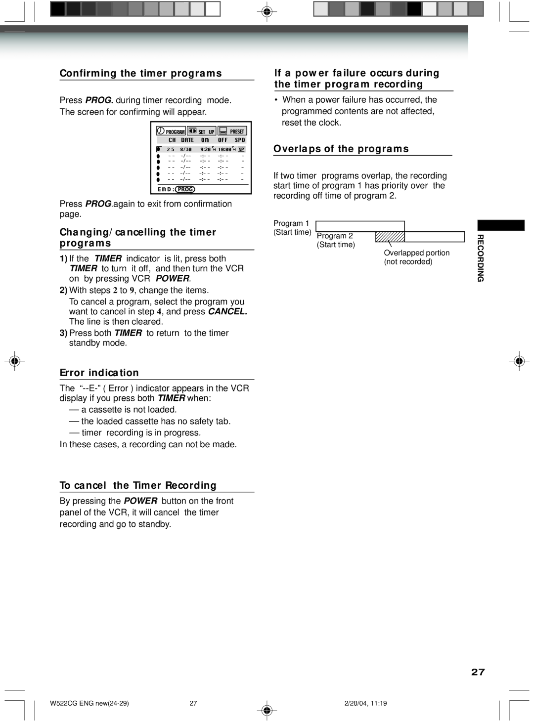 Toshiba W522CG owner manual Confirming the timer programs, Changing/cancelling the timer programs, Error indication 