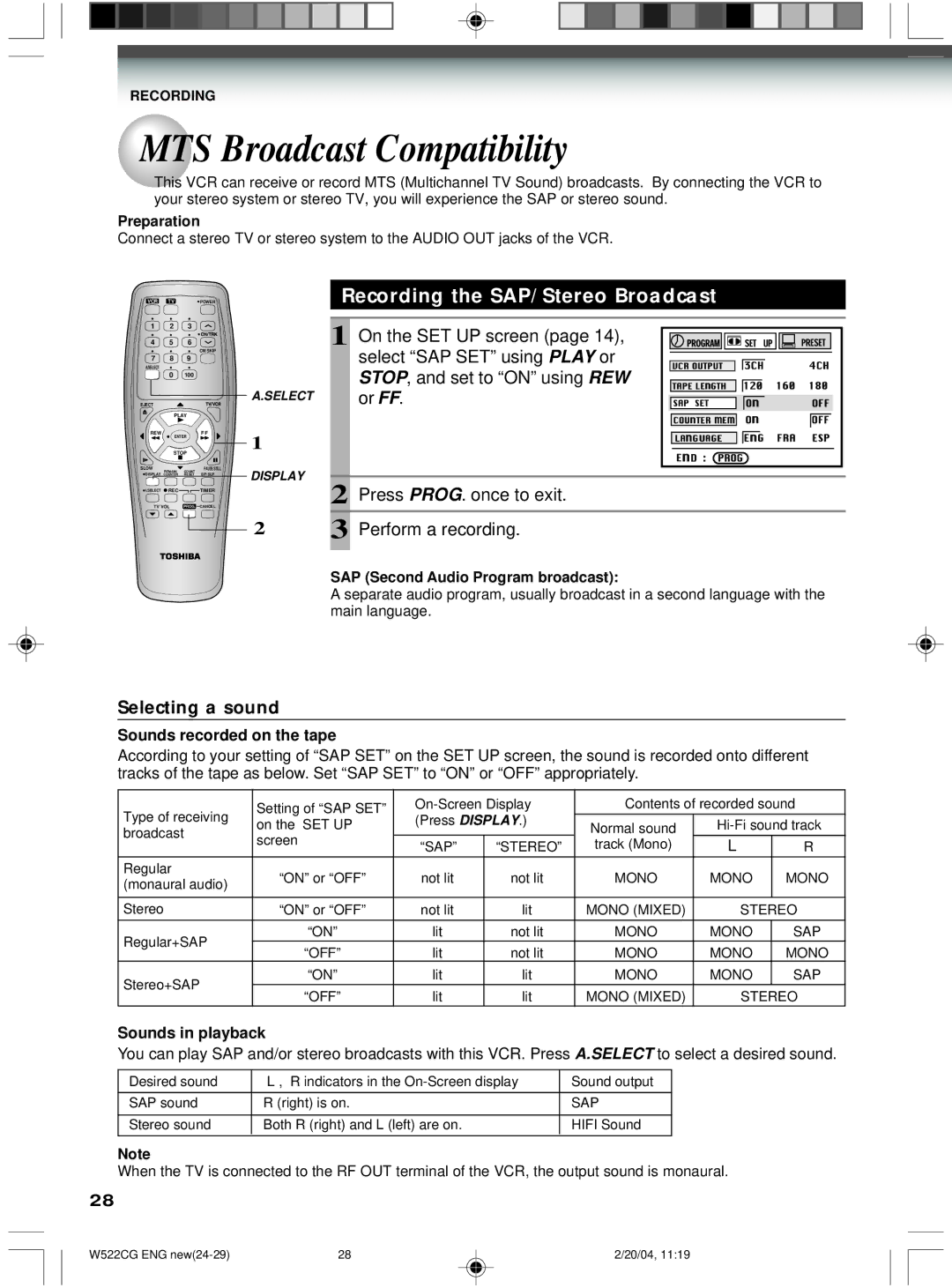 Toshiba W522CG owner manual MTS Broadcast Compatibility, Recording the SAP/Stereo Broadcast, Selecting a sound 