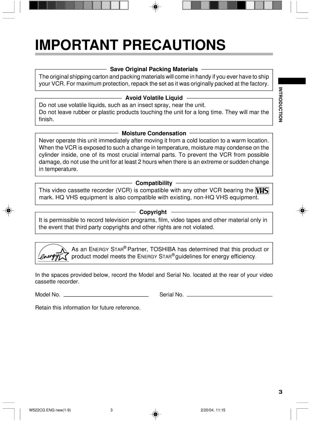 Toshiba W522CG owner manual Important Precautions 