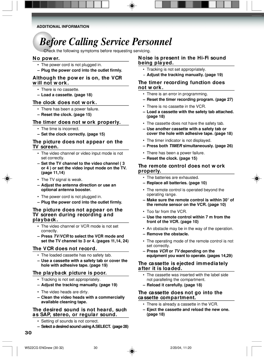 Toshiba W522CG owner manual Before Calling Service Personnel 