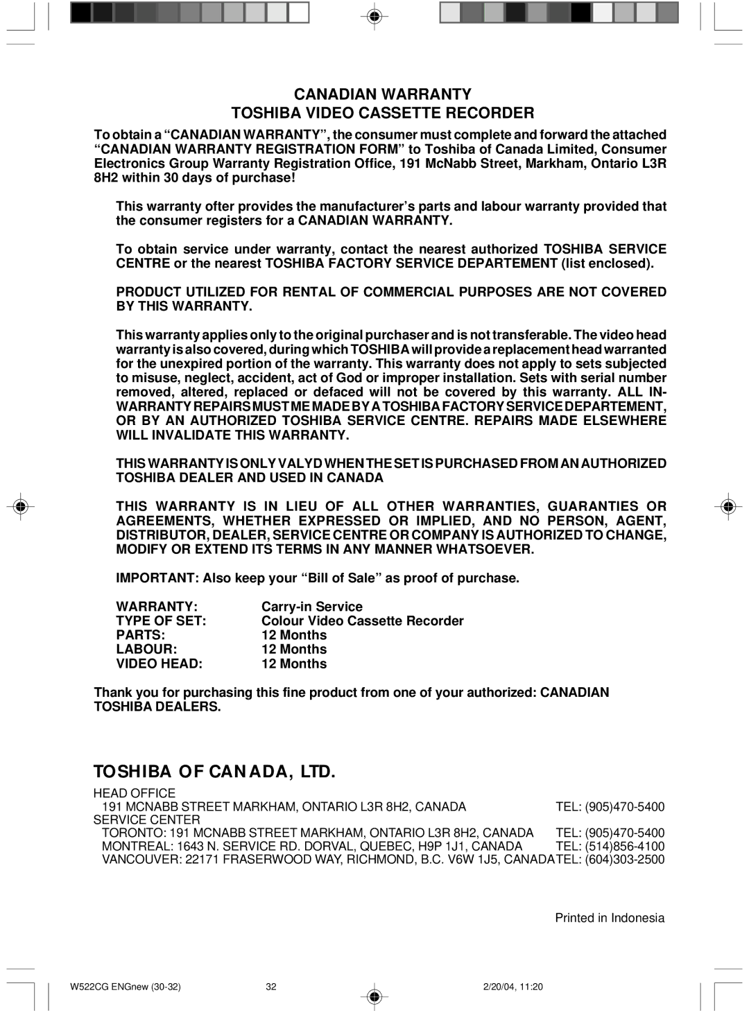 Toshiba W522CG owner manual Important Also keep your Bill of Sale as proof of purchase, Carry-in Service, Months 