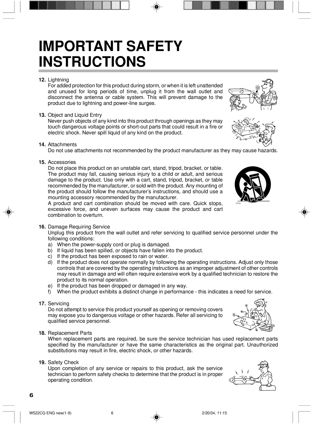 Toshiba W522CG owner manual Important Safety Instructions 