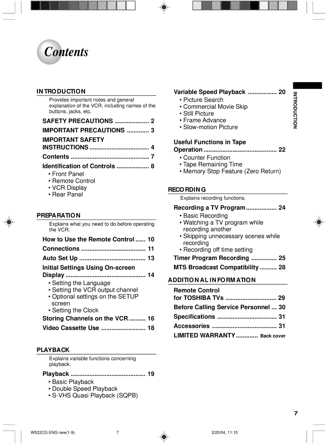 Toshiba W522CG owner manual Contents 