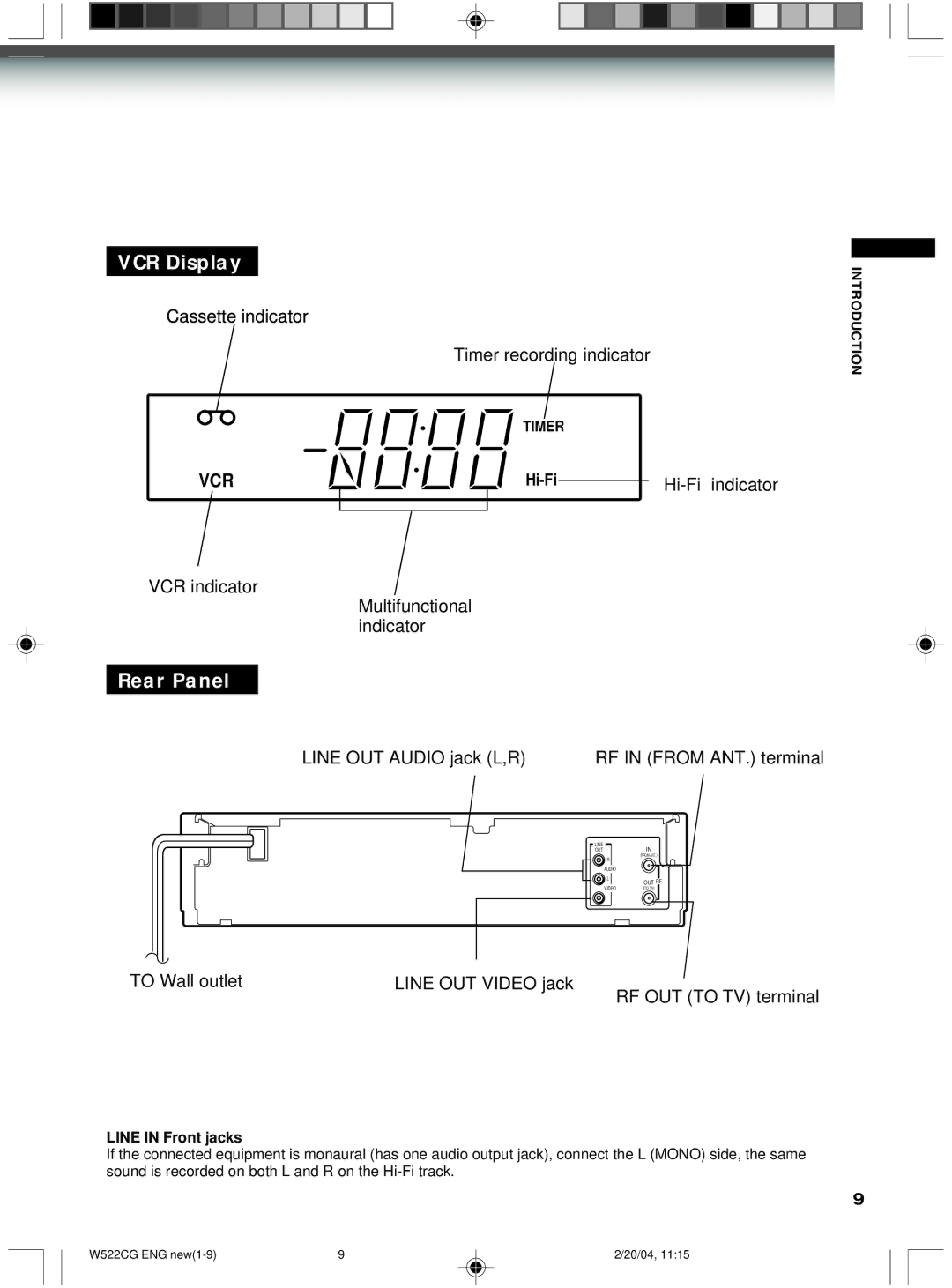 Toshiba W522CG owner manual VCR Display, Rear Panel 