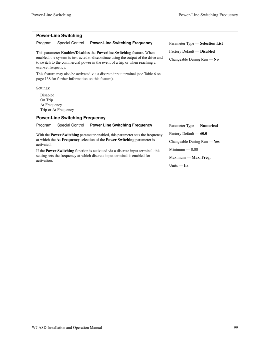 Toshiba W7 manual Power-Line Switching Frequency, Power Line Switching Frequency 