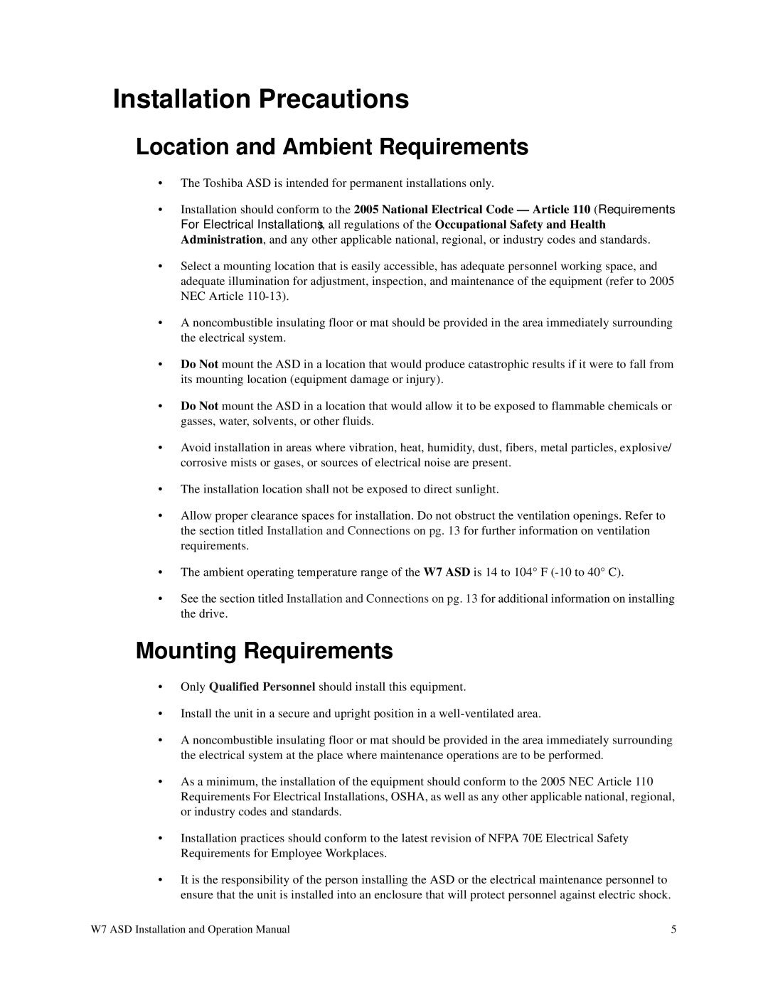 Toshiba W7 manual Installation Precautions, Location and Ambient Requirements, Mounting Requirements 