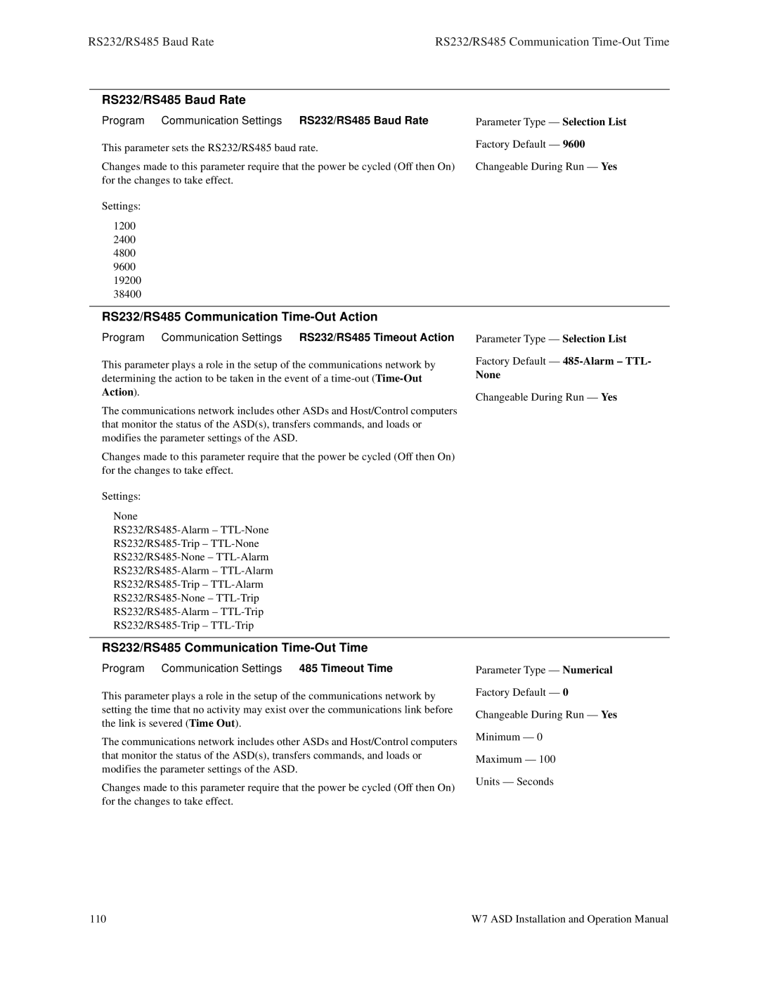 Toshiba W7 manual RS232/RS485 Baud Rate, RS232/RS485 Communication Time-Out Action, RS232/RS485 Communication Time-Out Time 