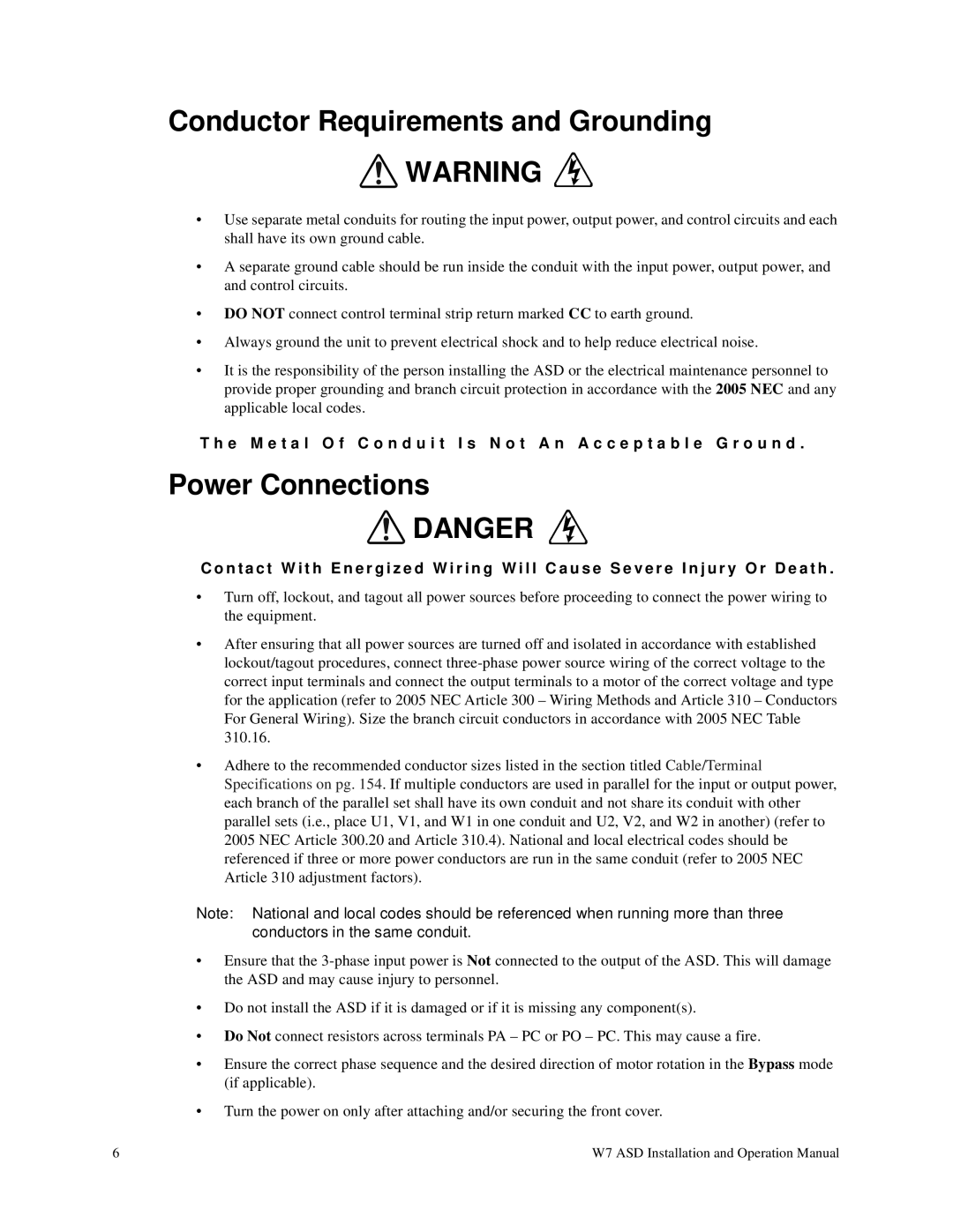 Toshiba W7 manual Conductor Requirements and Grounding, Power Connections 