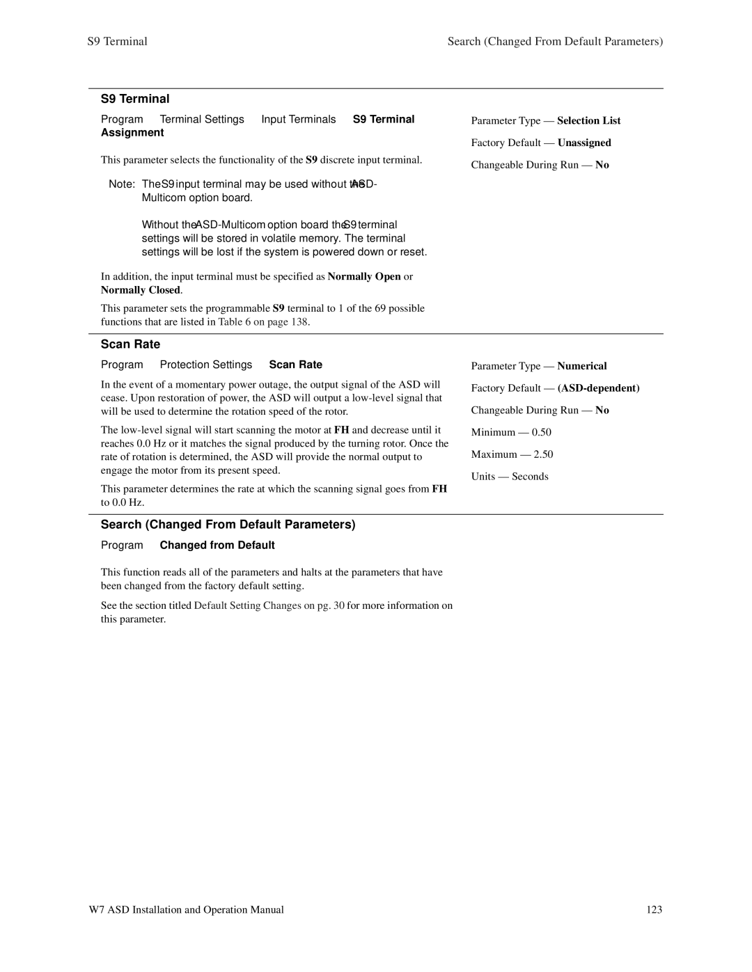 Toshiba W7 manual S9 Terminal, Scan Rate, Search Changed From Default Parameters, Changed from Default 