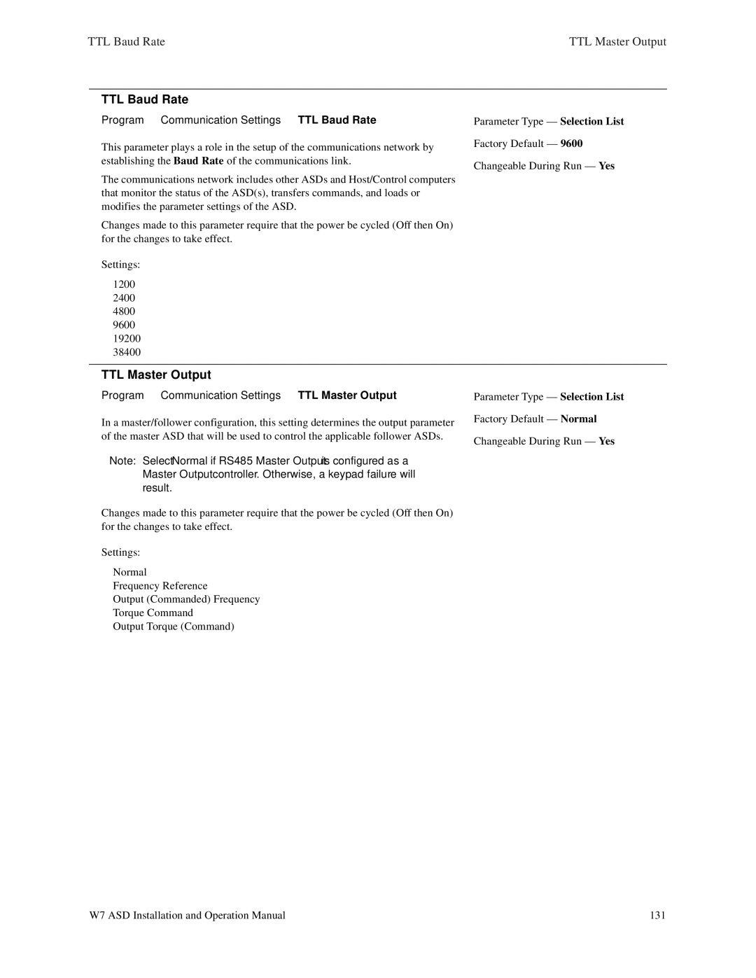 Toshiba W7 manual TTL Baud Rate, TTL Master Output 