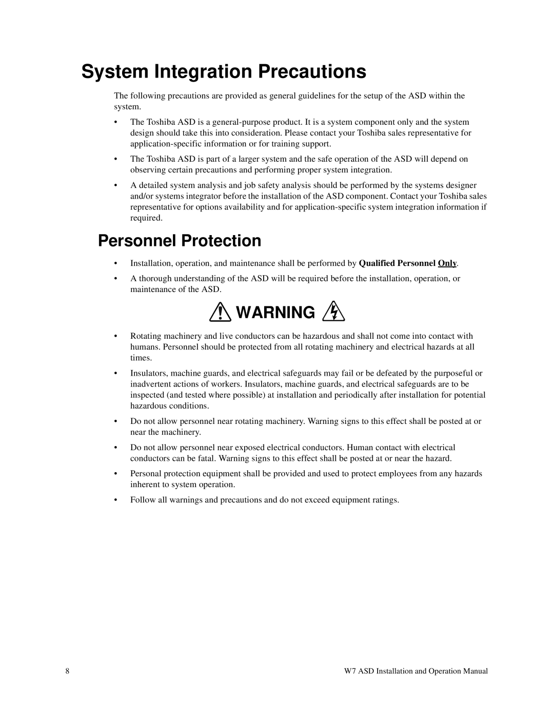 Toshiba W7 manual System Integration Precautions, Personnel Protection 