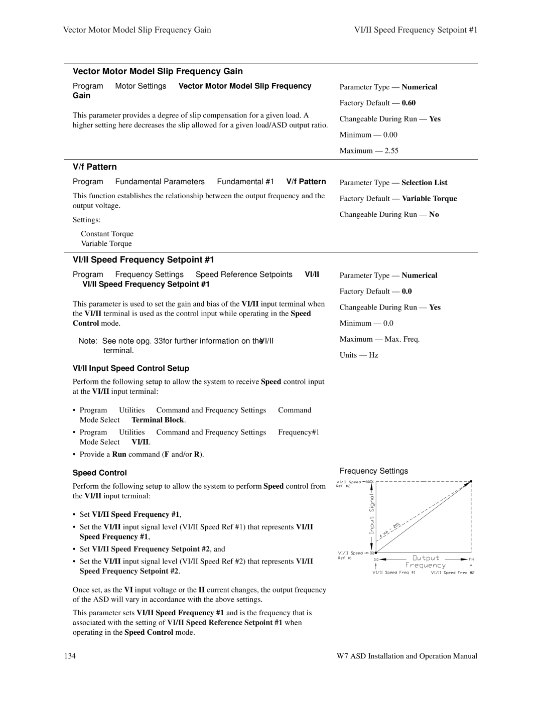 Toshiba W7 manual Vector Motor Model Slip Frequency Gain, Pattern, VI/II Speed Frequency Setpoint #1 