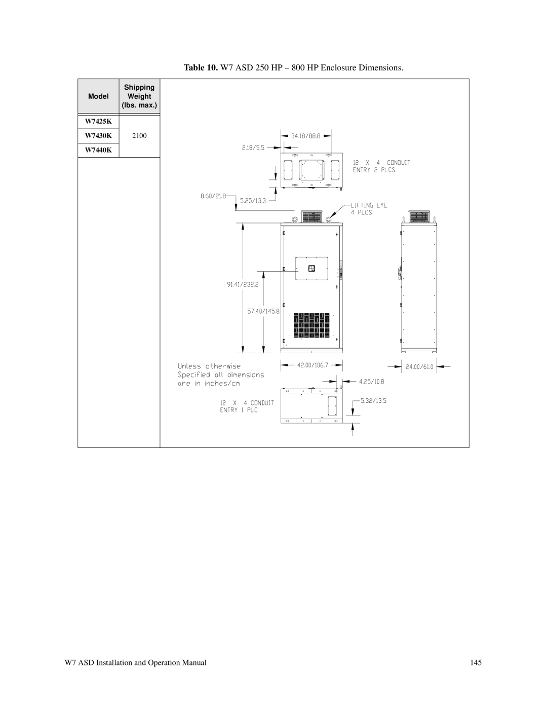 Toshiba manual W7 ASD 250 HP 800 HP Enclosure Dimensions 