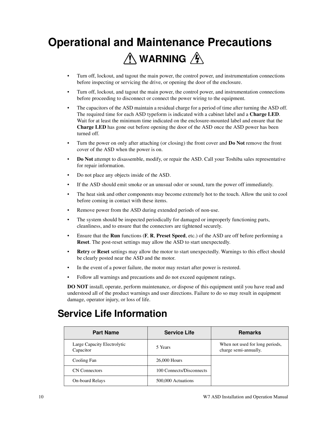 Toshiba W7 manual Operational and Maintenance Precautions, Service Life Information, Part Name Service Life Remarks 