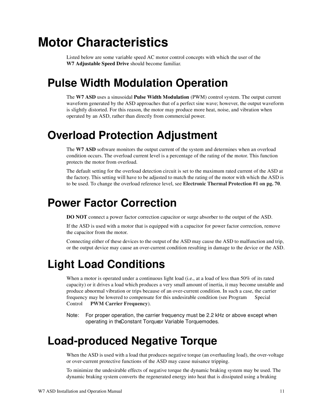 Toshiba W7 manual Motor Characteristics 