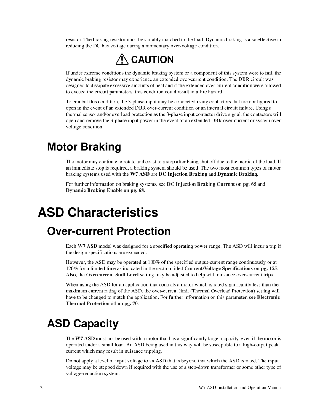 Toshiba W7 manual ASD Characteristics, Motor Braking, Over-current Protection, ASD Capacity 