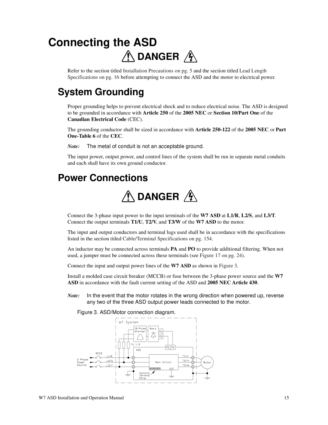 Toshiba W7 manual Connecting the ASD, System Grounding 