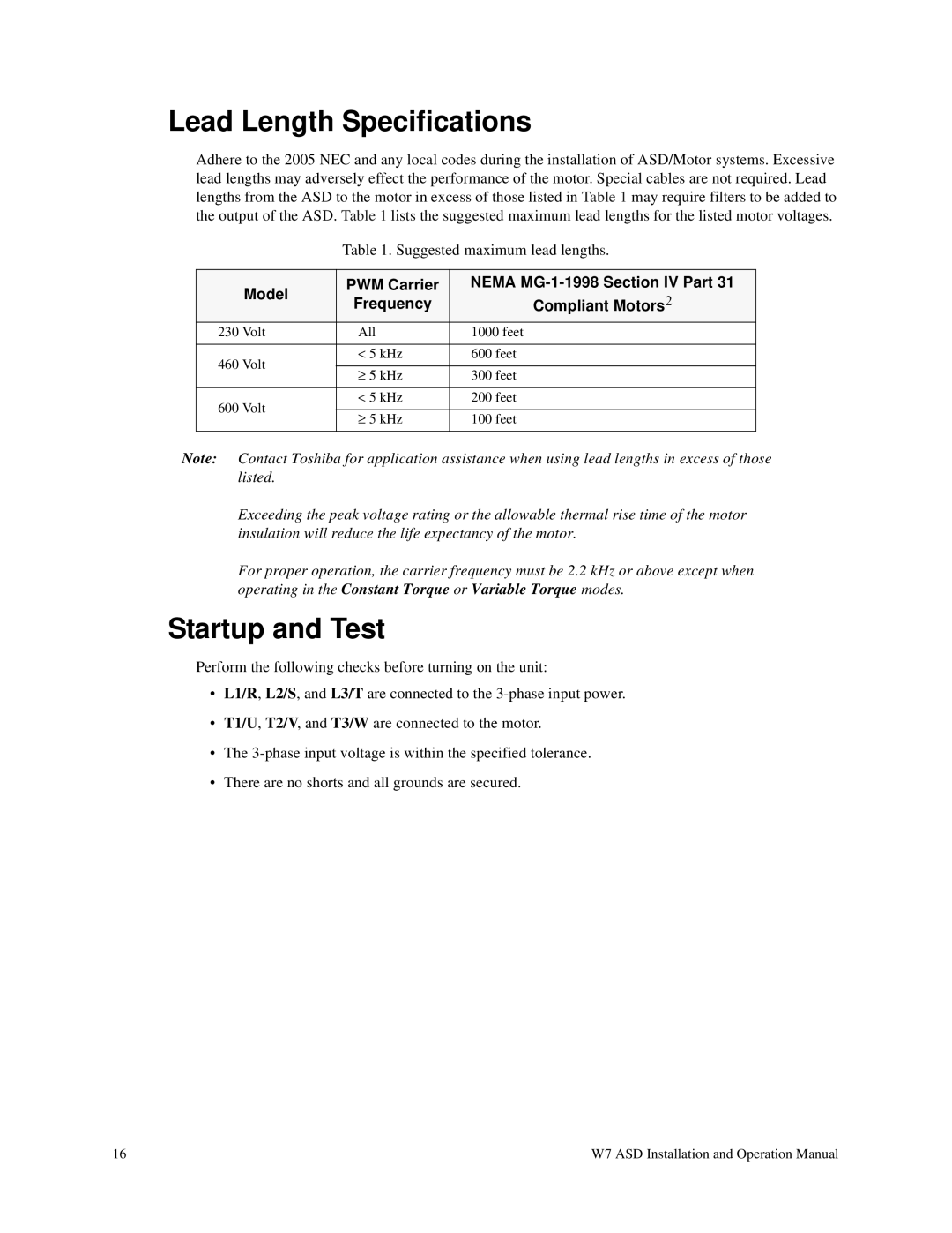 Toshiba W7 manual Lead Length Specifications, Startup and Test 