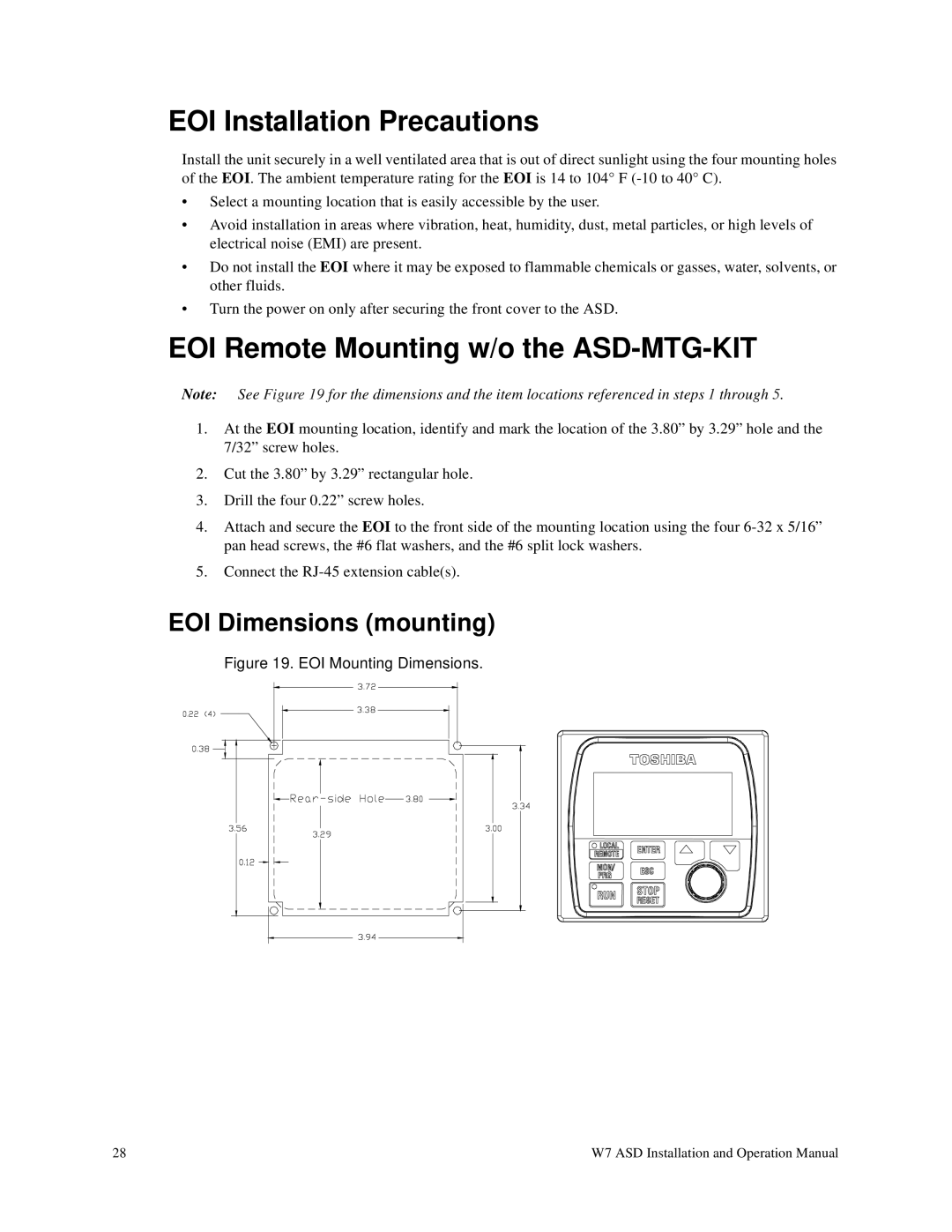 Toshiba W7 manual EOI Installation Precautions, EOI Remote Mounting w/o the ASD-MTG-KIT 