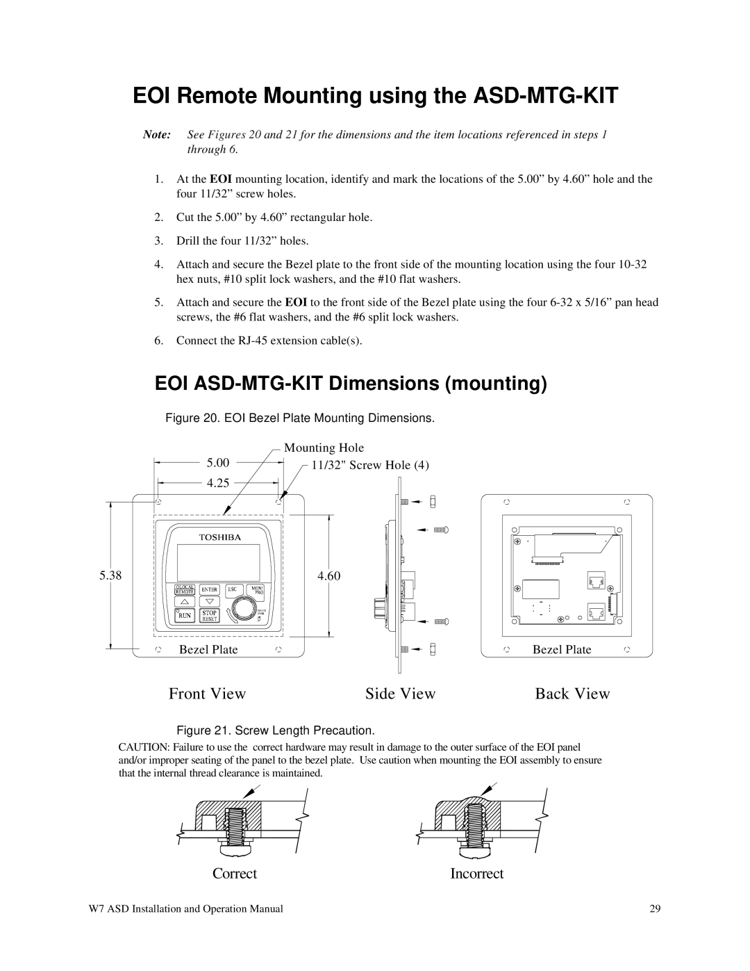 Toshiba W7 manual EOI Remote Mounting using the ASD-MTG-KIT, EOI Bezel Plate Mounting Dimensions 