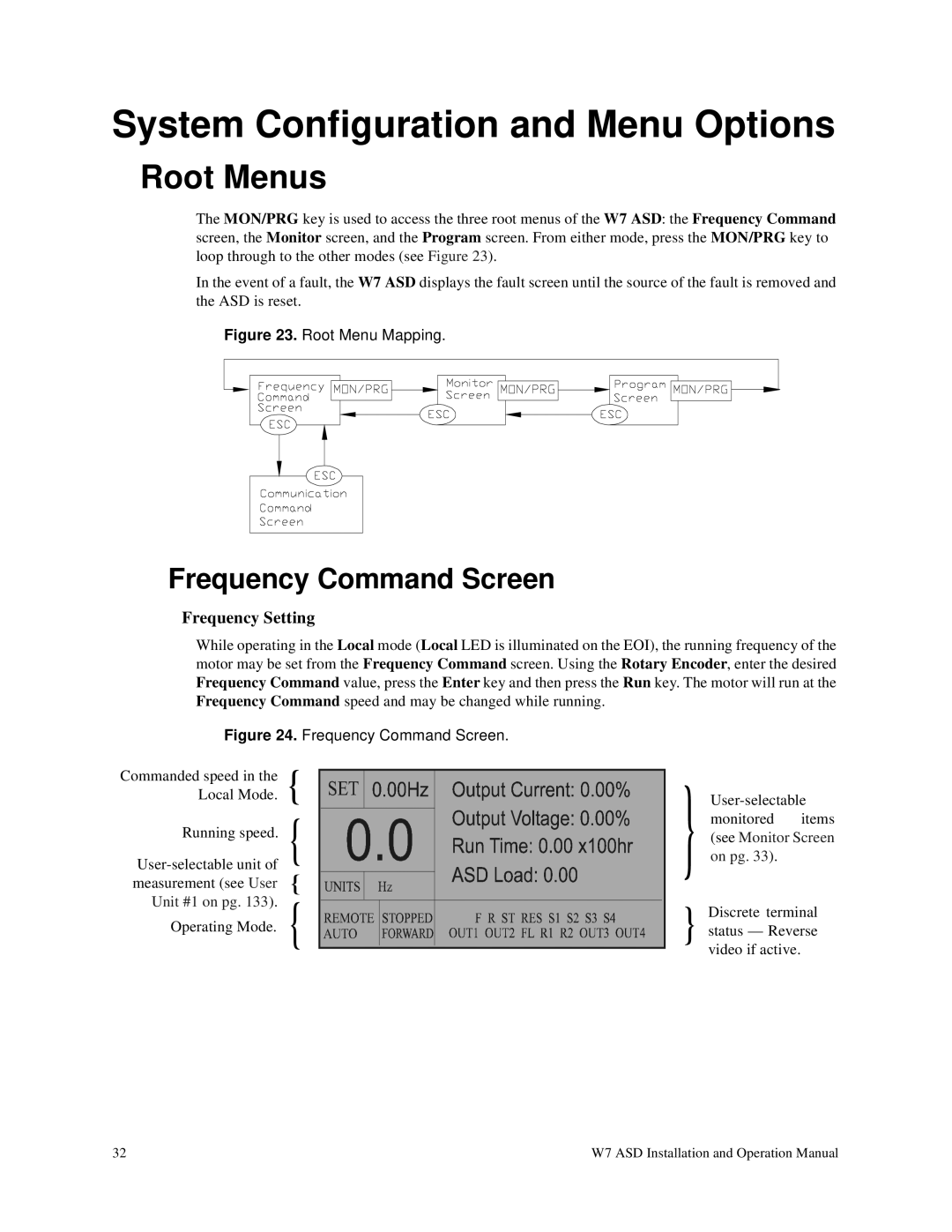 Toshiba W7 manual System Configuration and Menu Options, Root Menus, Frequency Command Screen 