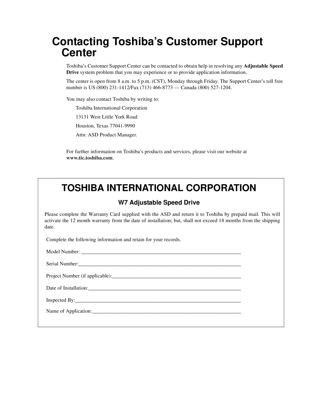 Toshiba W7 manual Contacting Toshiba’s Customer Support Center, Toshiba International Corporation 