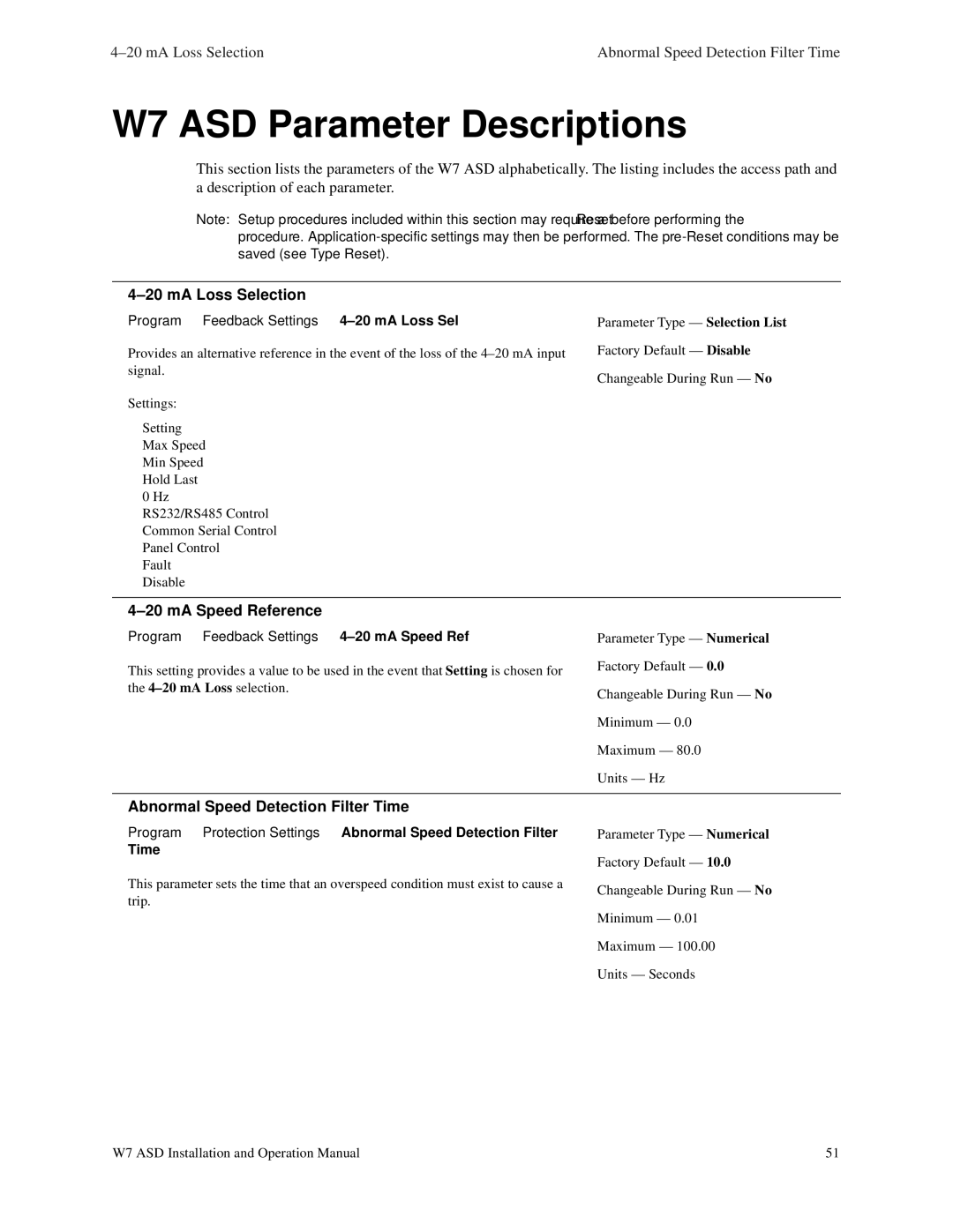 Toshiba W7 ASD Parameter Descriptions, MA Loss Selection, MA Speed Reference, Abnormal Speed Detection Filter Time 