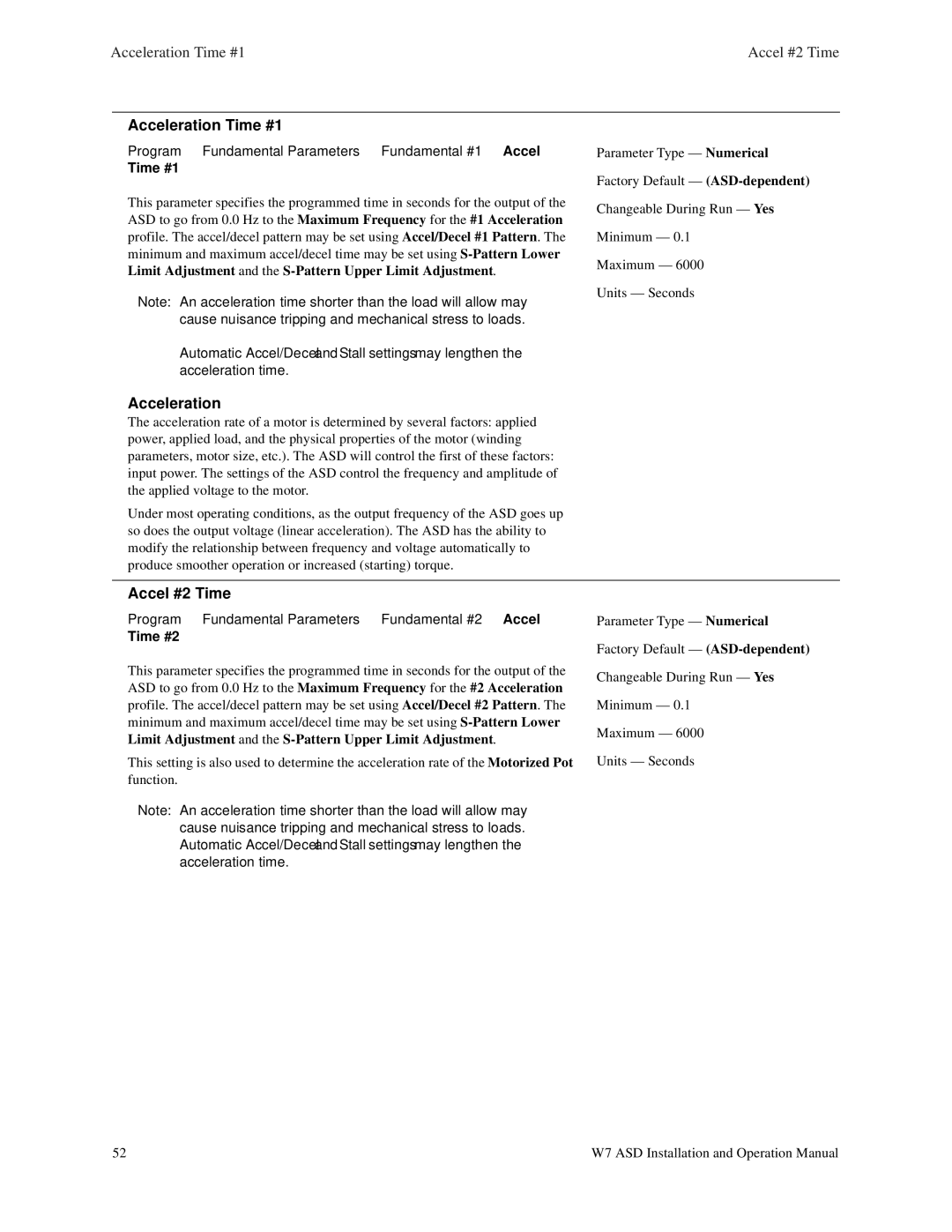 Toshiba W7 manual Acceleration Time #1, Accel #2 Time, Program Fundamental Parameters Fundamental #1 Accel 