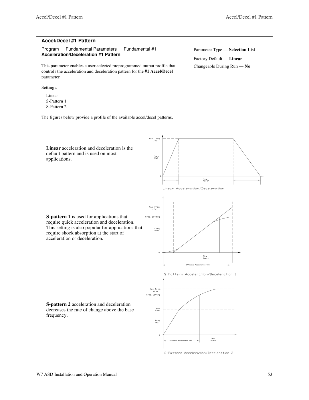 Toshiba W7 manual Accel/Decel #1 Pattern, Program Fundamental Parameters, Acceleration/Deceleration #1 Pattern 