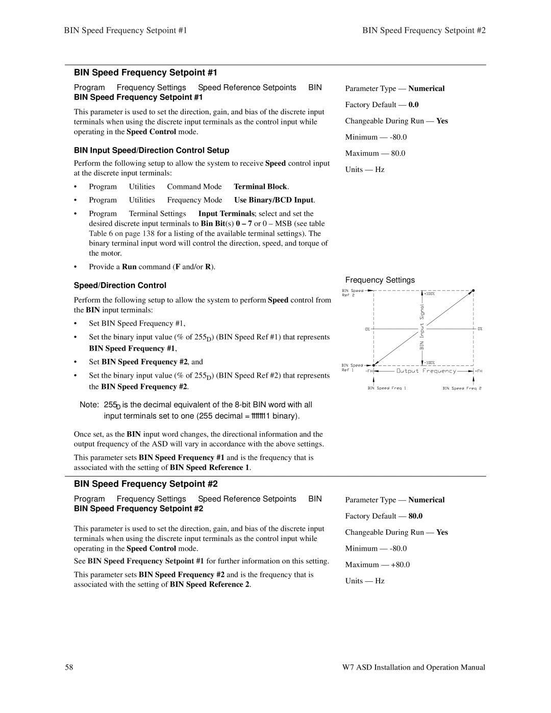 Toshiba W7 manual BIN Speed Frequency Setpoint #1, BIN Speed Frequency Setpoint #2 