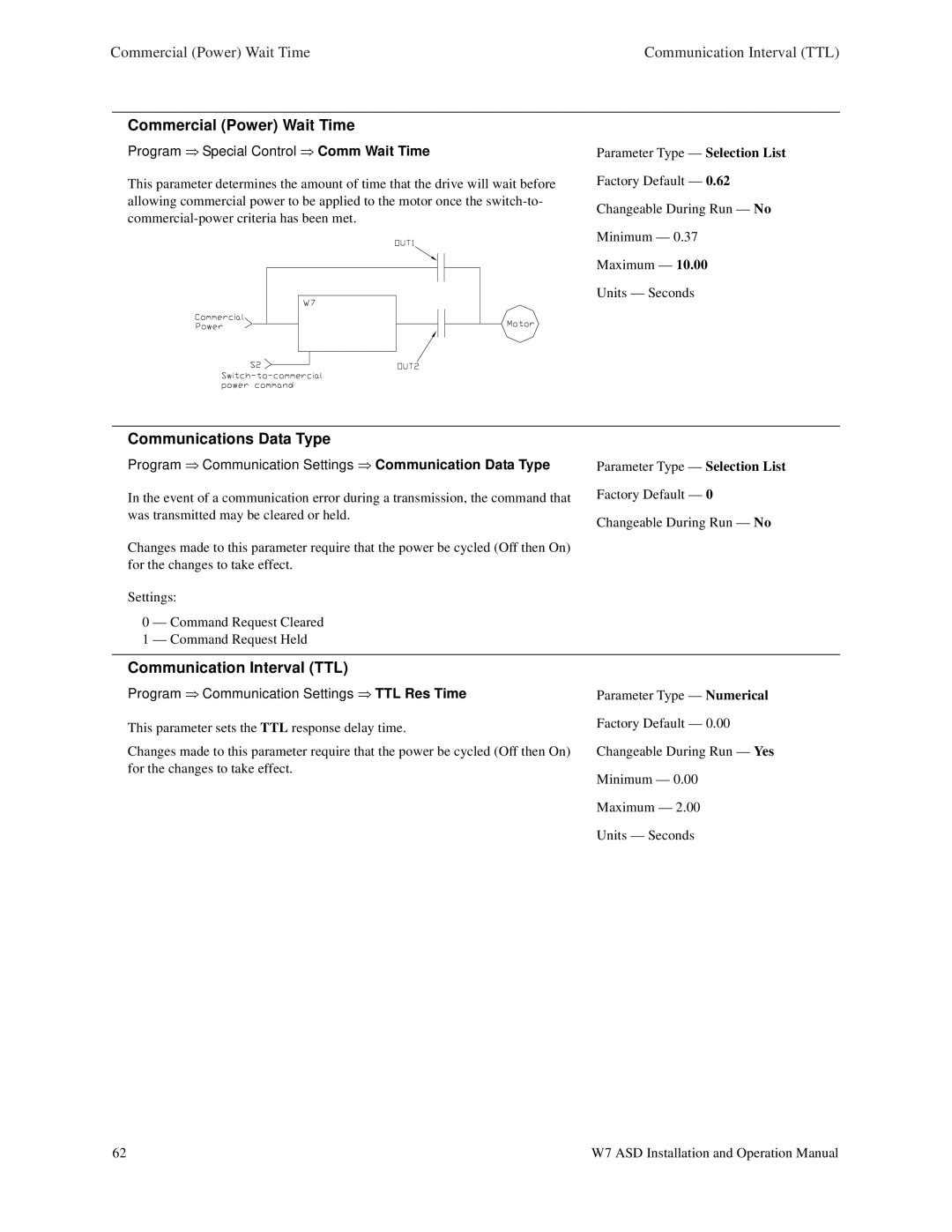 Toshiba W7 manual Communications Data Type, Communication Interval TTL, Commercial Power Wait Time, Communication Data Type 