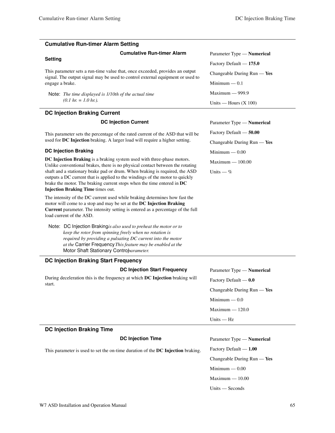 Toshiba W7 manual Cumulative Run-timer Alarm Setting, DC Injection Braking Current, DC Injection Braking Start Frequency 