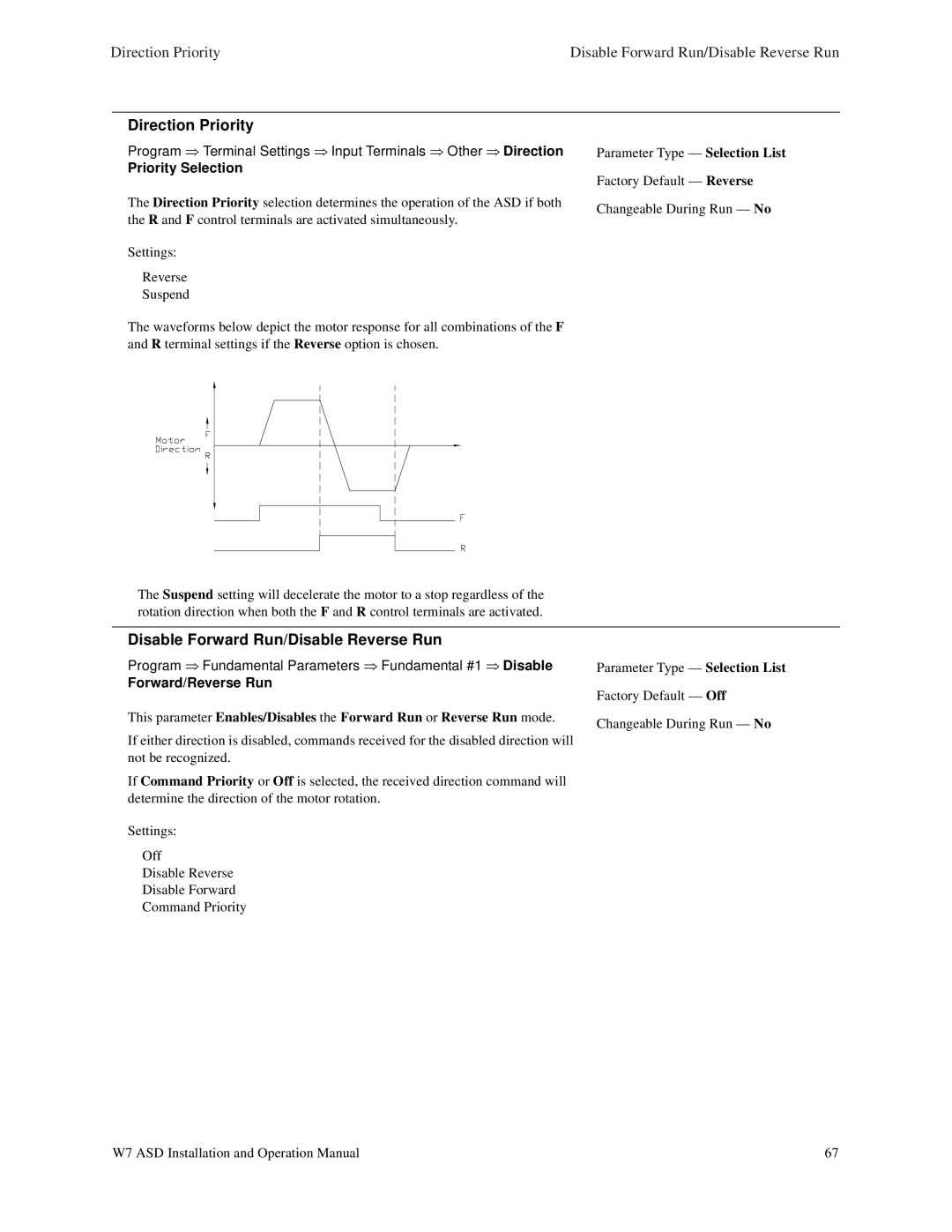 Toshiba W7 manual Direction Priority, Disable Forward Run/Disable Reverse Run, Priority Selection, Forward/Reverse Run 