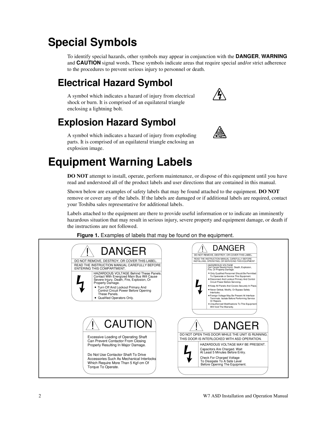 Toshiba W7 manual Special Symbols, Equipment Warning Labels, Electrical Hazard Symbol, Explosion Hazard Symbol 